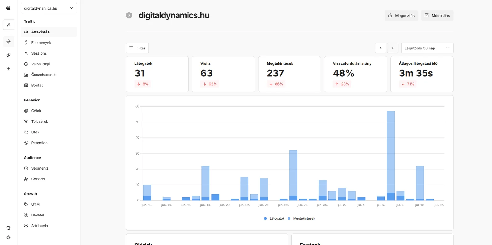 Az Analyzza dashboard áttekintő nézete: látogatók, munkamenetek, megtekintések, visszafordulási arány, átlagos látogatási idő és napi forgalmi grafikon